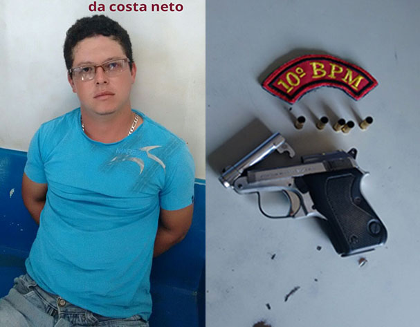José Correia da Costa Neto e a arma apreendida pela polícia.