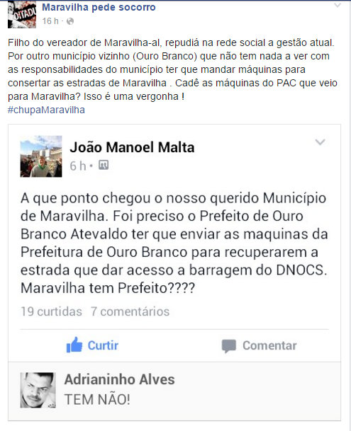 Polêmica envolvendo as cidades de Maravilha e Ouro Branco circula na web