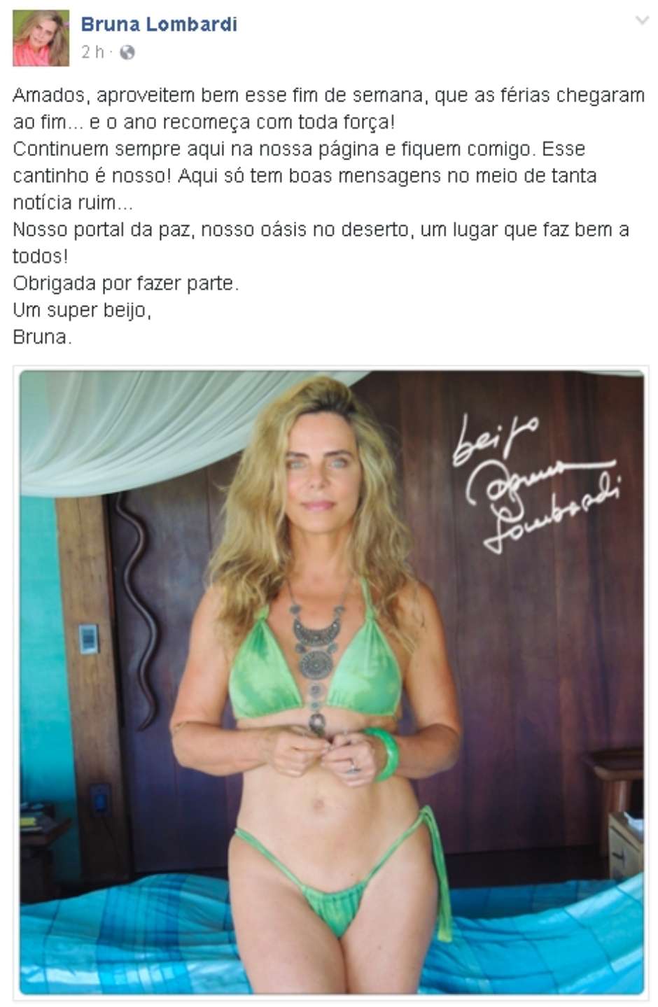 Bruna Lombardi vai completar 65 anos no mês de agosto Foto: Facebook/@brunalombardioficial / Reprodução
