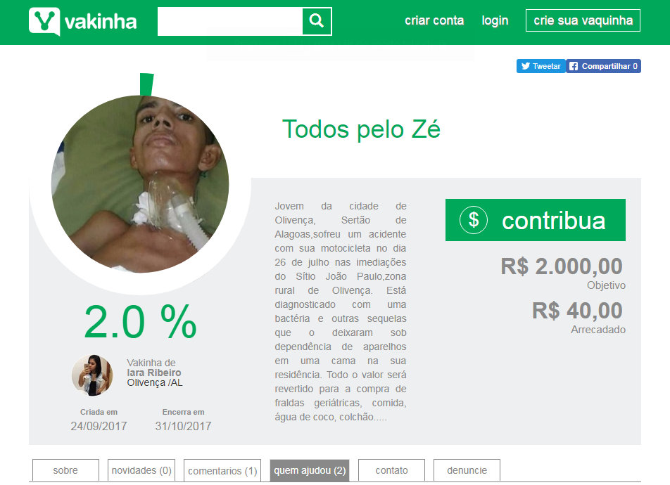 Vakinha Virtual é criada para ajudar jovem de Olivença vítima de acidente