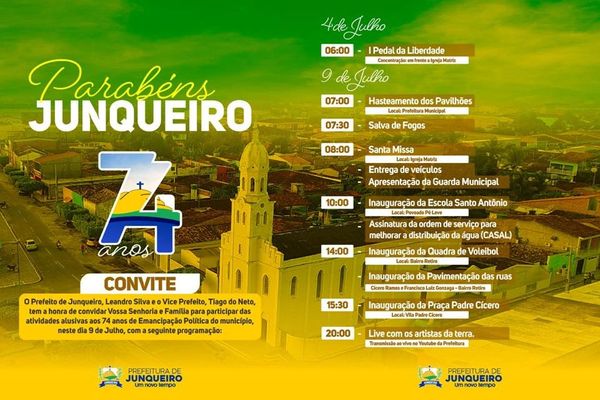 Empolgado com seus trabalhos, novo prefeito anuncia os 74 anos de emancipação política de Junqueiro