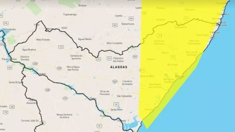 Inmet emite alerta de perigo potencial de chuva para quase 50 cidades de Alagoas