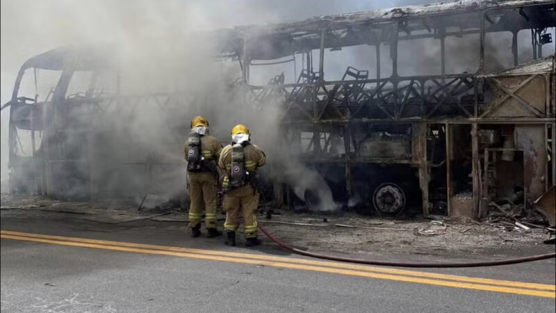 Ônibus de turismo fica destruído após incêndio na BR-251, em Salinas