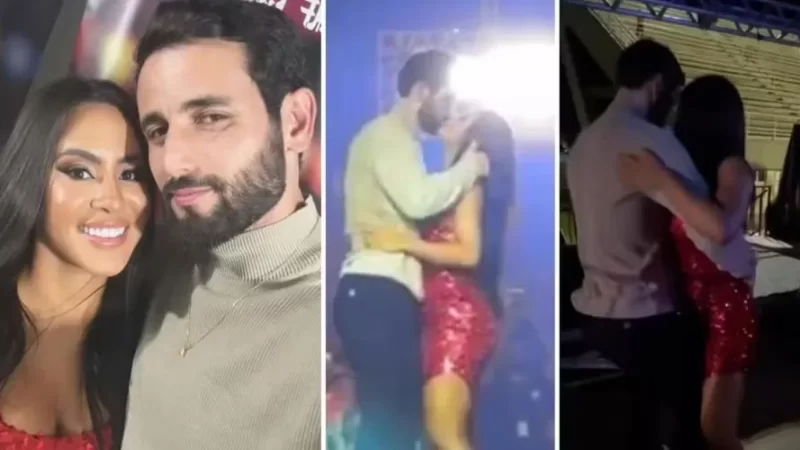 Isabelle e Matteus dançam coladinhos e se beijam no show de Joelma