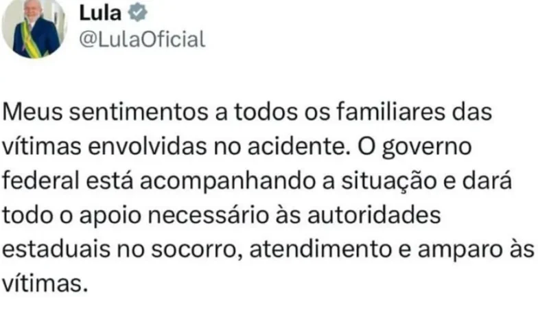 Lula lamenta tragédia na Serra da Barriga e diz que dará o apoio necessário