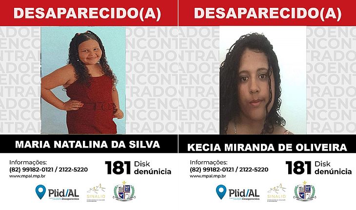 MP-AL tenta localizar criança de 11 anos e adolescente de 16 que podem ter sumido juntas em Maceió