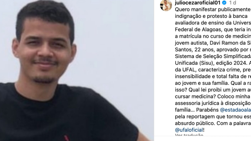 Prefeito de Palmeira dos Índios aciona apoio jurídico ao estudante autista que teve matrícula negada pela banca avaliadorora da UFAL