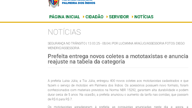 SMTT de Palmeira dos Índios nega, mas site da prefeitura afirma que novo valor da passagem de mototaxi passa de R$6 para R$7