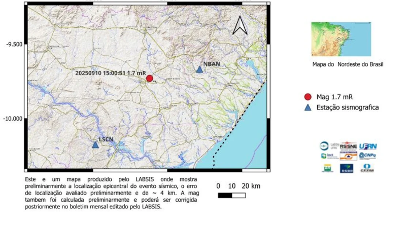 Tremor de terra de baixa intensidade é registrado em Arapiraca e sentido por moradores