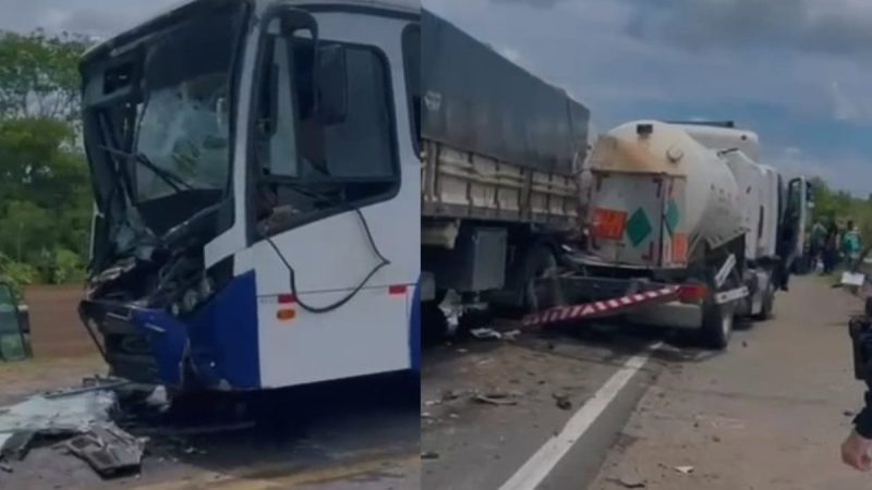 Ônibus de romeiros de Alagoas com destino ao CE se envolve em engavetamento com carretas e deixa 8 feridos