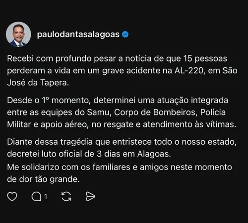 Paulo Dantas cancela agenda institucional em respeito ao acidente com romeiros no Sertão