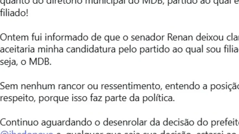 MDB barra saída de Kelmann Vieira e complica articulação política em Maceió