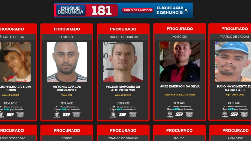 Segurança Pública divulga plataforma digital com lista dos criminosos mais procurados de Alagoas e pede apoio da população