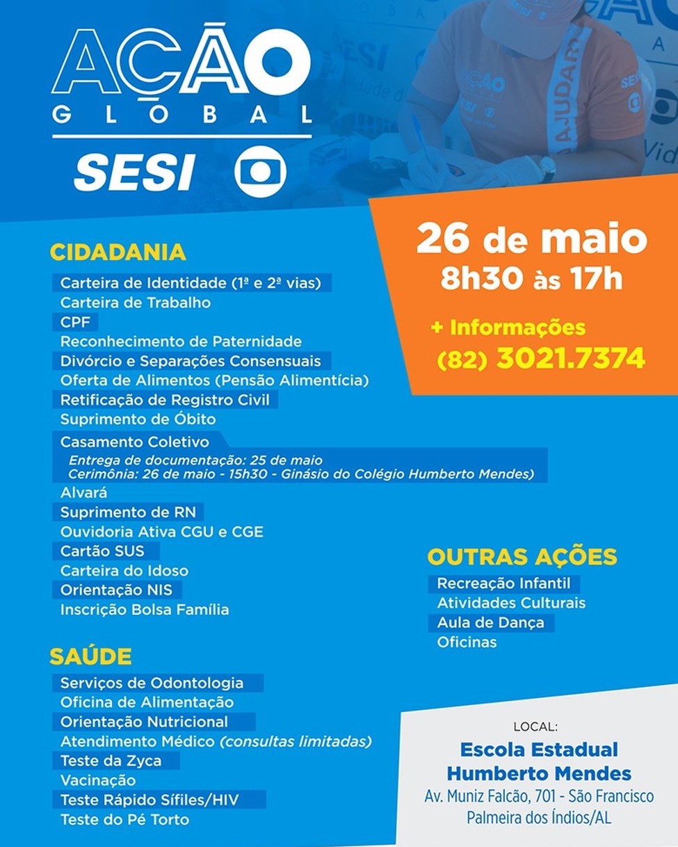 Ação Global em Palmeira dos Índios, AL, vai oferecer serviços gratuitos