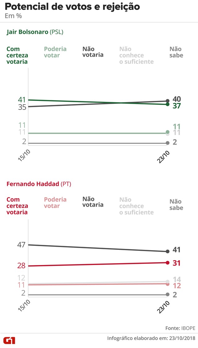 Pesquisa Ibope aponta opinião dos eleitores sobre Bolsonaro e Haddad com índice de rejeição e certeza do voto