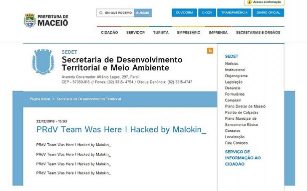 Site da Prefeitura de Maceió é invadido por hacker