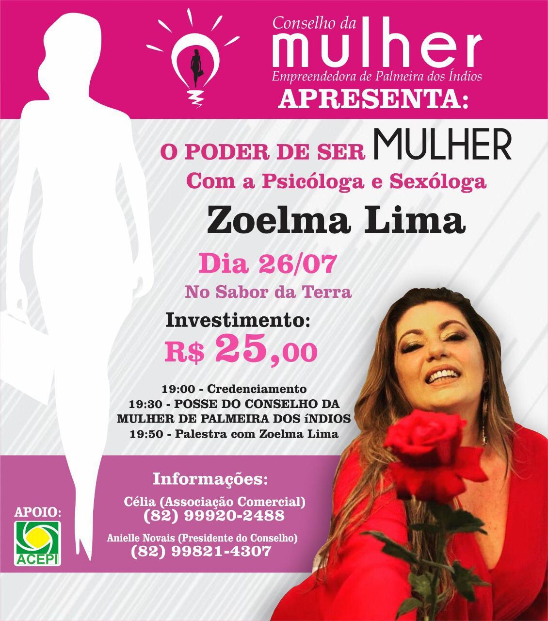 Conselho da Mulher Empreendedora traz para Palmeira palestra da sexóloga Zoelma Lima