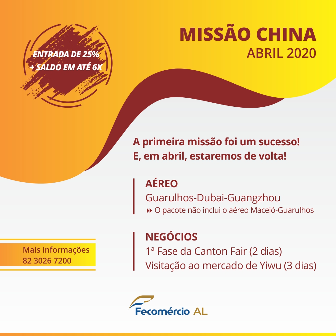 Em Missão Empresarial, Fecomércio levará empresários alagoanos à China