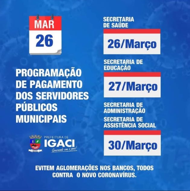 Coronavírus: Prefeitura de Igaci antecipa salários de servidores da Saúde