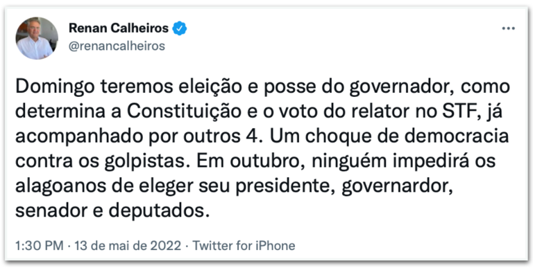 Renan comemora eleição alagoana marcada para domingo