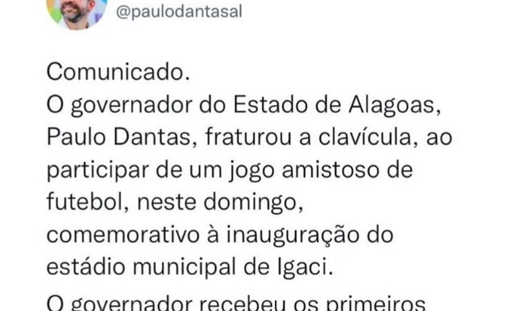 Governador Paulo Dantas quebra clavícula e deve passar por procedimento cirúrgico