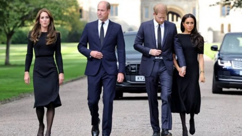 Harry, Meghan Markle, Kate e William são vistos lado a lado em Windsor