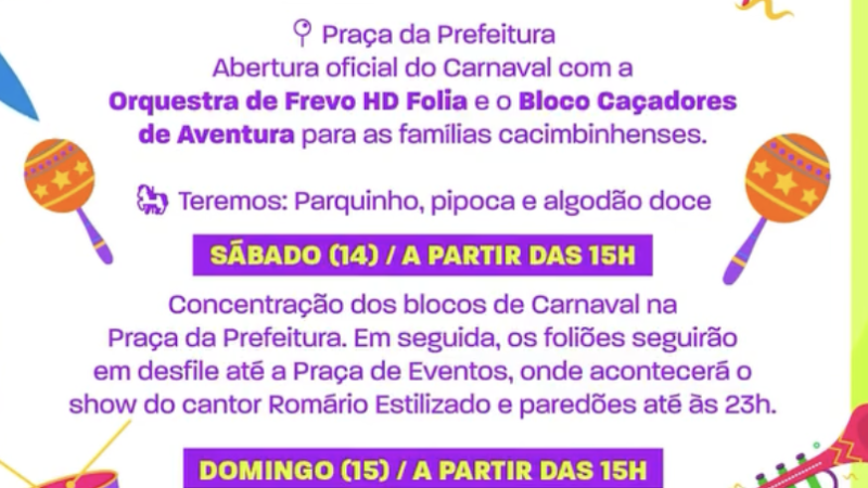 Carnaval 2026 começou nesta sexta em Cacimbinhas com programação para toda a família