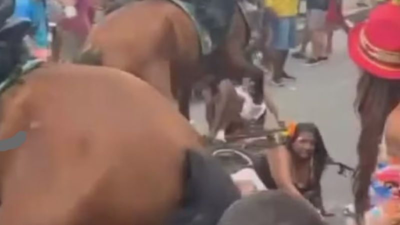 Vídeo: Cavalo da PM se assusta e cai em cima de foliões no Recife