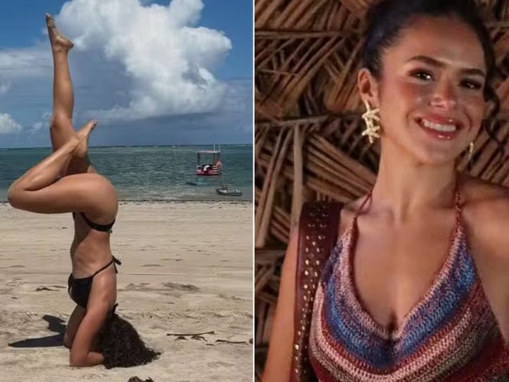 De biquíni, Maisa mostra equilíbrio ao ficar de ponta cabeça em praia de Alagoas